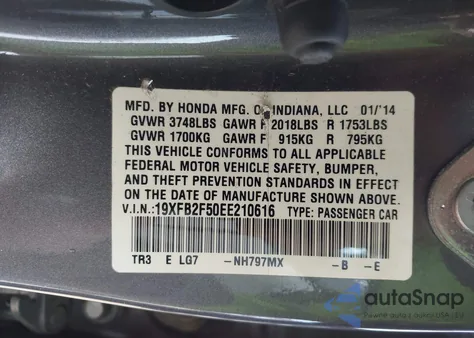 2014 Honda Civic Lx z USA, uszkodzony, nr VIN 19XFB2F50EE210616